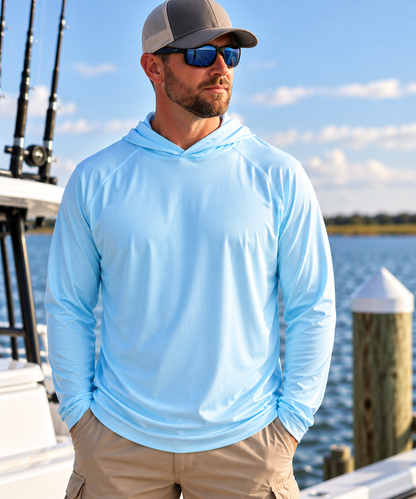 Front view of Hard Tide Classic light blue performance fishing hoodie