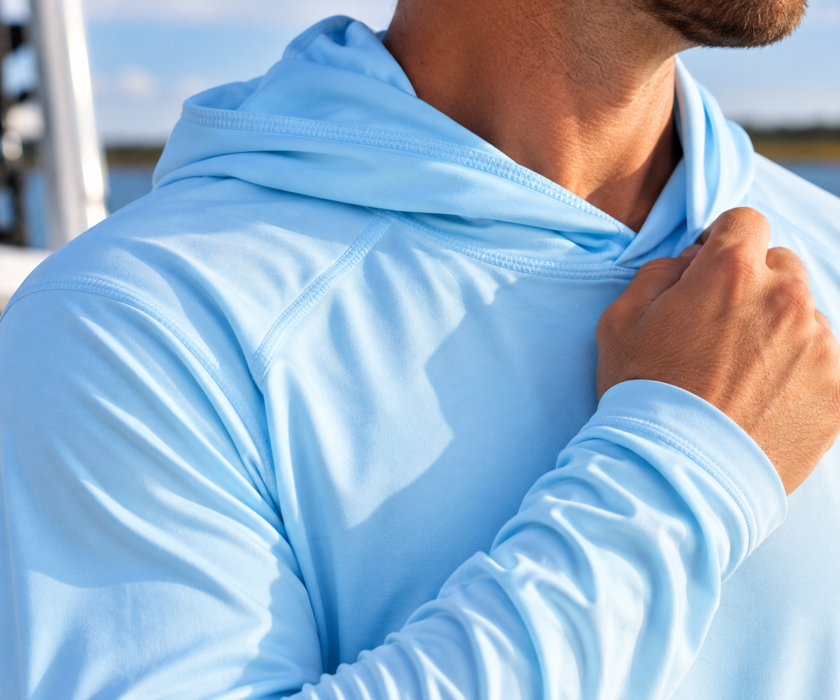 Hard Tide Classic UPF 50+ fishing hoodie hood and sleeve detail