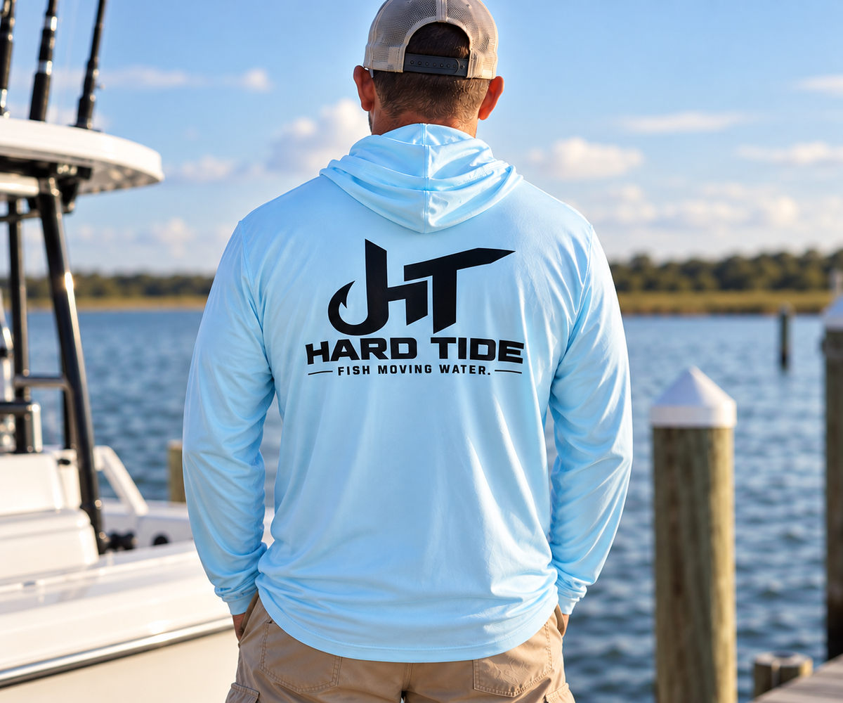 Hard Tide Classic UPF 50+ fishing hoodie in light blue showing back logo