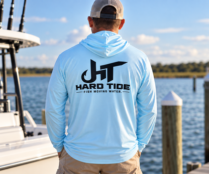 Hard Tide Classic UPF 50+ fishing hoodie in light blue showing back logo